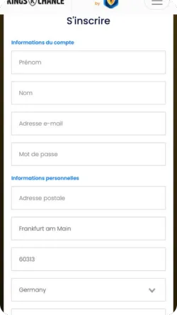 Formulaire d'inscription de Kings Chance Casino